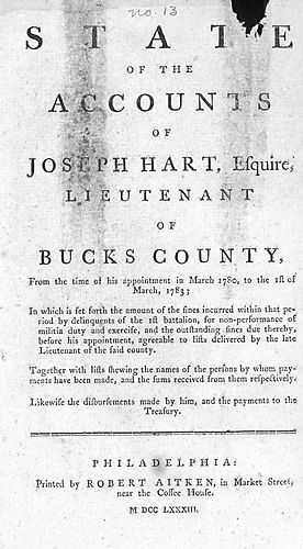 State of the accounts of Joseph Hart, Esquire, Lieutenant of Bucks County