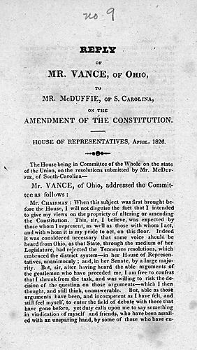 Reply of Mr. Vance of Ohio, to Mr. McDuffie, of S. Carolina on the amendment of the constitution, House of Represenatives, April, 1826