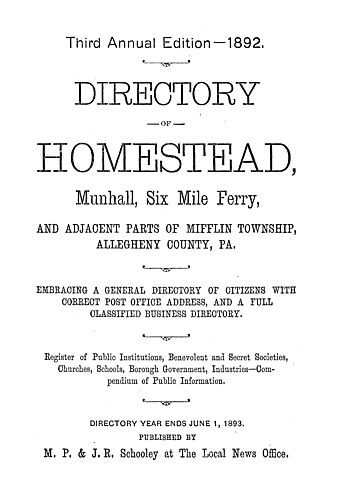 Directory of Homestead, Munhall, Six Mile Ferry, and adjacent parts of Mifflin Township, Allegheny County, Pa