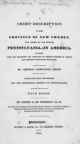 Kort beskrifning om provincien Nya Swerige uti America. English