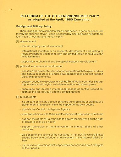Platform of the Citizens/Consumer Party as adopted at Party Convention