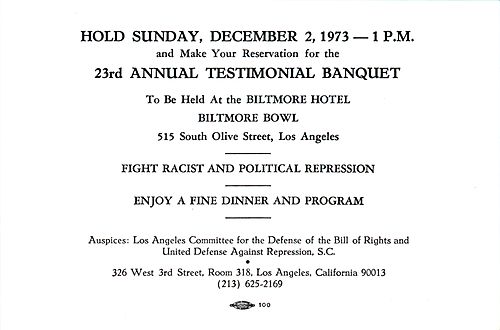 Printed Invitation to 23rd Testimonial Dinner of the Los Angeles Committee for the Defense of the Bill of Rights