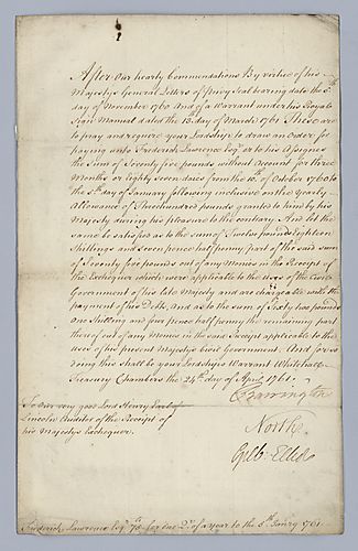 William Barrington, 2nd Viscount to Lord Henry Earl of Lincoln, Warrant for payment