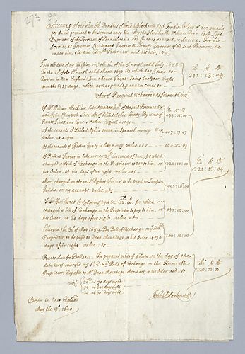 John Blackwell, Account of salary for William Penn, May 15, 1690