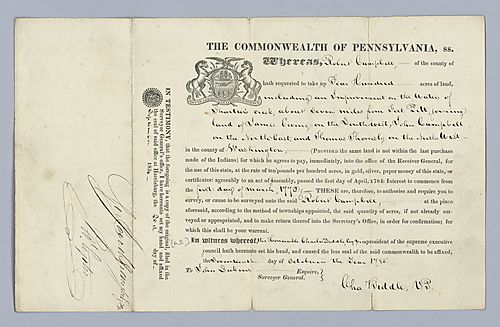 Robert Campbell, Warrant and survey documents, October 17, 1785, November 22, 1833, September 20, 1836, and July 11, 1900