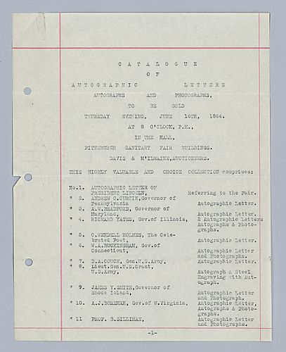 Committee on Foreign and Domestic Correspondence, Pittsburgh Sanitary Fair Catalogue of autographic letters, autographs, and photographs to be auctioned, June 16, 1864 [typed copy]