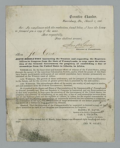 Governor John White Geary to John Covode, Signed resolution