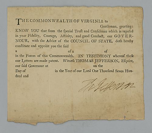 Thomas Jefferson, Blank military commission signed by Jefferson