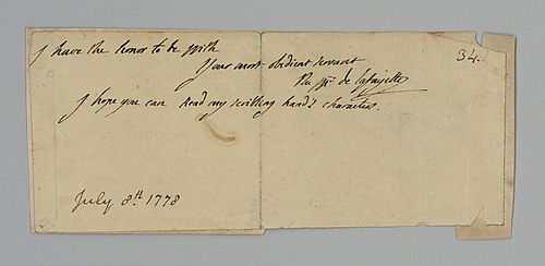 Marquis de Lafayette, Fragment of a letter with his signature