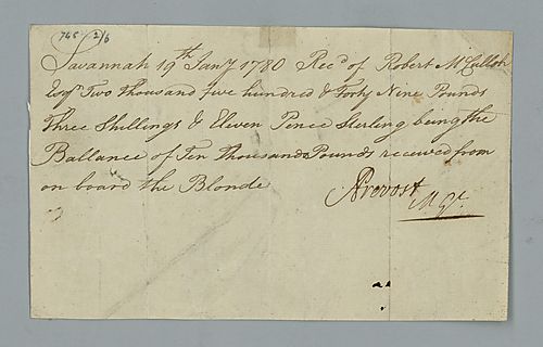 Augustine Prevost, Receipt for Robert McCulloh