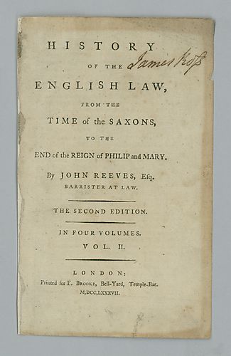 James Ross, Title pages of John Reeves' 1787 History of the English Law signed by Ross