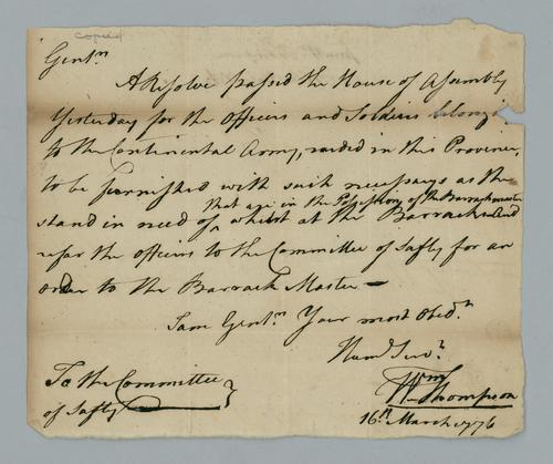 William Thompson to the Committee of Safety,