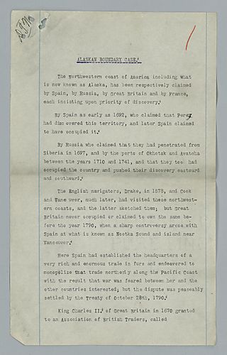 David Thompson Watson, Typescript notes of Alaskan boundary case speech, February 16, 1912