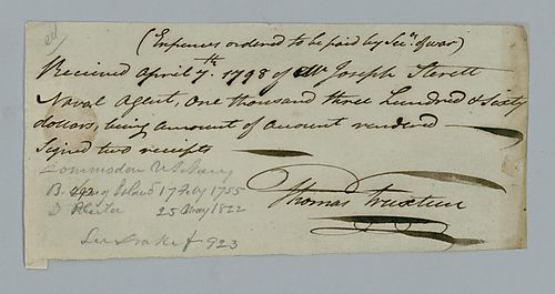 Thomas Truxtun, Receipt of expenses paid by the secretary of war