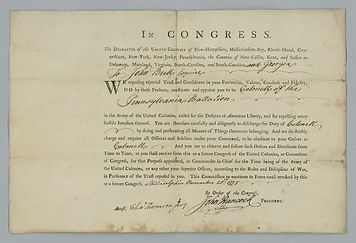 U.S. Continental Congress Appointment, signed by John Hancock
