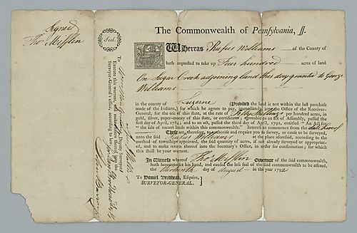 Rufus Williams, Authorization by Thomas Mifflin for the surveyal of land, August 13, 1792