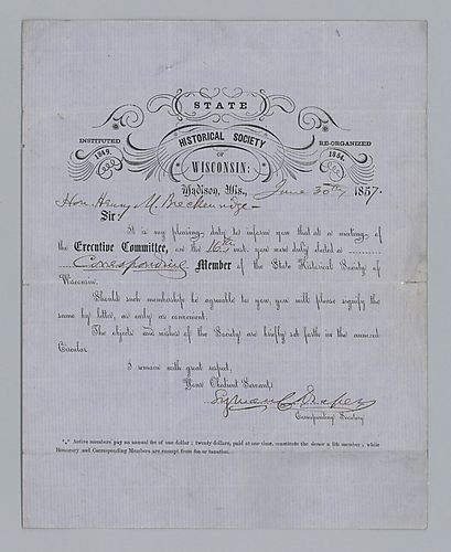 Historical Society of Wisconsin Membership Certificate