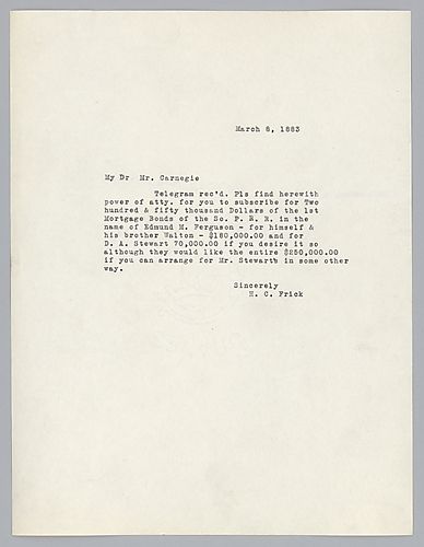 Power of attorney is given to Carnegie to subscribe for two hundred and fifty thousand dollars of the First Mortgage Bonds of the Southern Pennsylvania Railroad in the name of Edmund M. Ferguson
