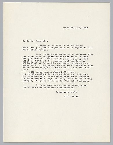 Frick discusses purchases of Frick Coke Company interests and stock