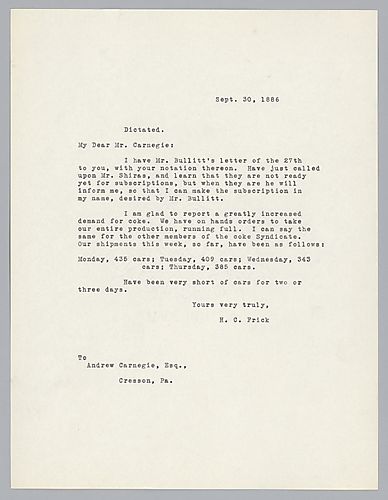 Frick informs Carnegie of increased demand for coke and reports the number of shipments that week