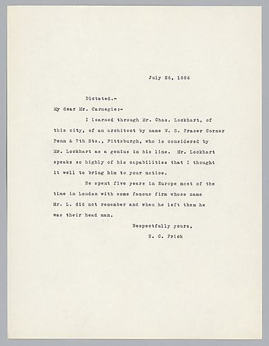 Frick writes to Carnegie, to bring to his attention, a Pittsburgh architect named W.S. Fraser Corner