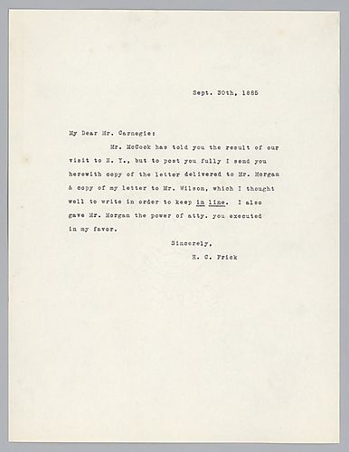 Frick refers to visit to New York and says he has enclosed two letters concerning the trip. Enclosed letters are not present