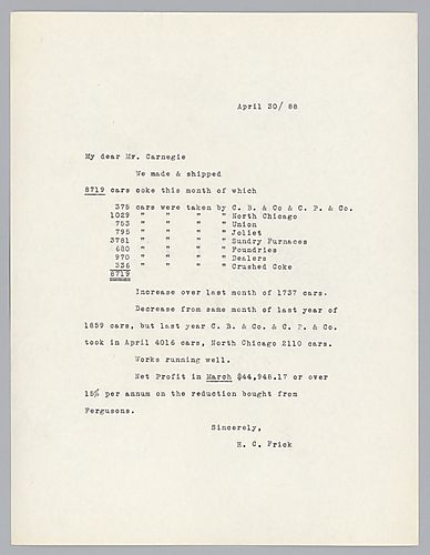 Frick informs Carnegie of the number of shipments of coke during the month of April