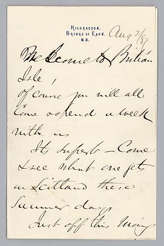 Writing from Kilgraston, Bridge of Earn, Scotland, Carnegie welcomes the arrival of the Frick family to the British Isles, and invites them to stay with him during their travels