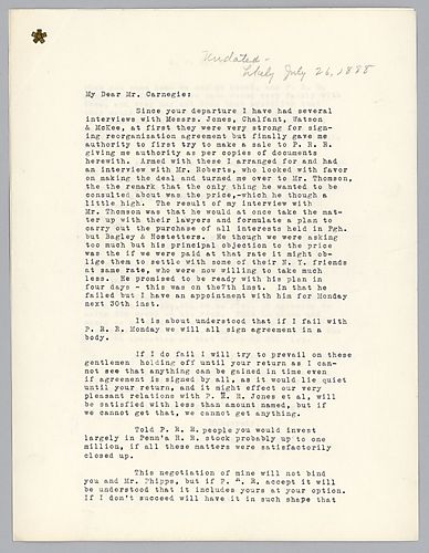 Frick discusses a sale to Pennsylvania Railroad and the building of ovens