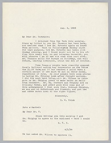 Frick writes to Carnegie of business trip to Philadelphia, Pa. and discusses matters involving Penn Company and Pennsylvania Railroad. Note attached to original from Henry Clay Frick to Andrew Carnegie about agreement with Mr. Chipley