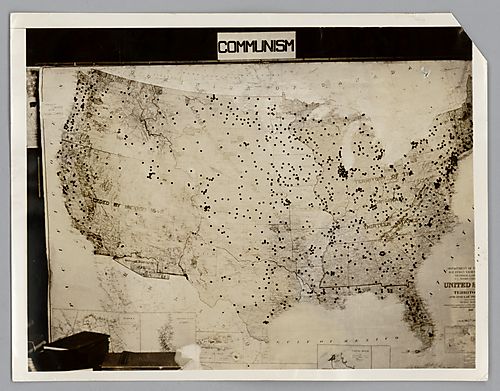 A Photograph of a Map from the Library of D.A.R. which Shows the Headquarters of Communists in the U.S.