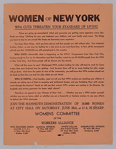 "Women of New York, WPA Cuts Threaten Your Standard of Living" Flyer