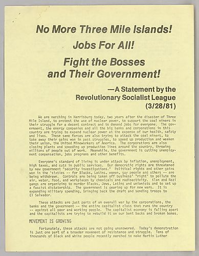 "No More Three Mile Islands! Jobs For All! Fight the Bosses and Their Government"