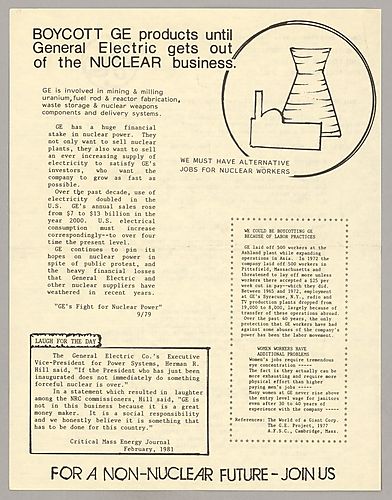 Flyer for "Boycott GE Products Until General Electric Gets Out of the Nuclear Business"