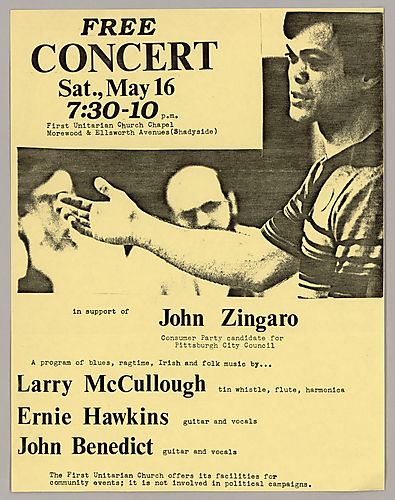 Flyer for a Free Concert in Support of John Zingaro, the Consumer Party Candidate for Pittsburgh City Council