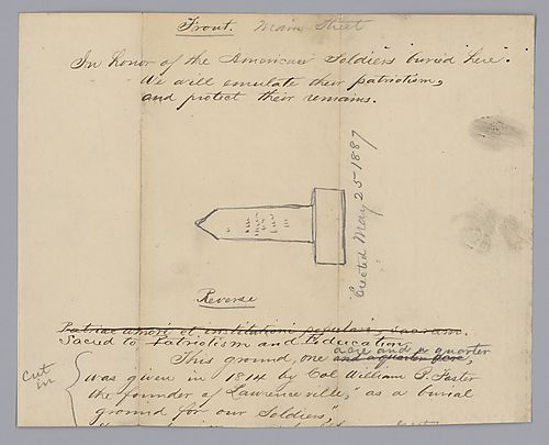 Sketch of Foster Memorial and inscriptions, signed by Morrison Foster