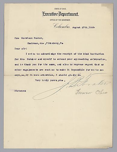 Letter from Gov. J. Foraker (Ohio) to Morrison Foster