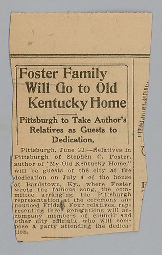 News clipping, "Foster Family will go to Old Kentucky Home"