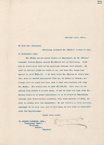 Frick writes that he gave Mr. Elkins $2,500 because he could become a political asset