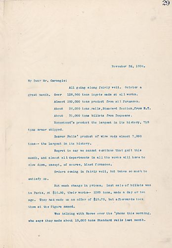 Frick includes the October report on Homestead and Beaver Falls [Pa.] and is glad that Carnegie is not as anxious about pursuing the Fox [Company] matter