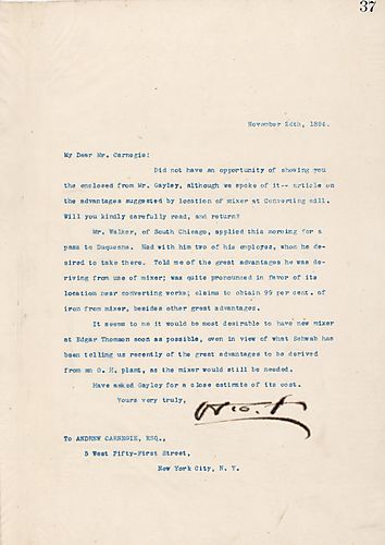 Frick encloses an article from Mr. Gayley on the advantages of mixers, and Frick thinks it would be desirable to have a new mixer at Edgar Thomson