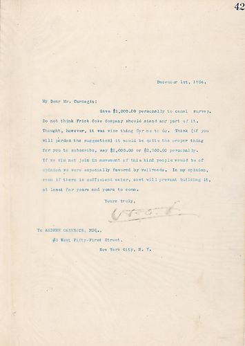 Frick gave $1,000 to a canal survey and thinks Carnegie should contribute, too, so that they don't show bias towards railroads