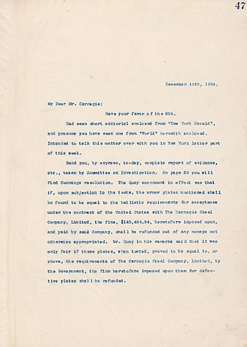 Frick writes on meeting with Carnegie about editorials in the New York Herald and World, and on the Quay amendment and plate testing
