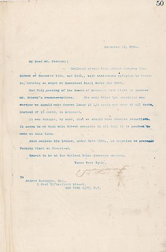 Frick encloses letters from Schwab on reducing wages at Homestead, and on board approval for Schwab's proposal