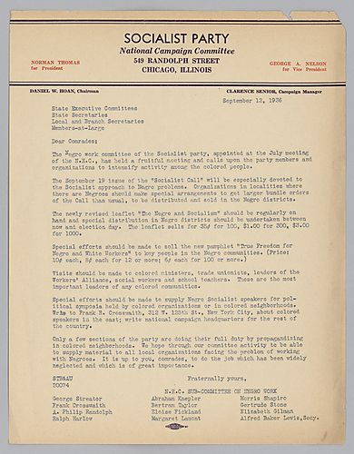 A Letter from the Socialist Party National Campaign Committee in Regard to its Negro Work Sub-Committee