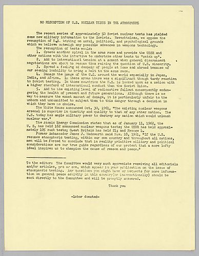 "No Resumption of U.S. Nuclear Tests in the Atmosphere" Flyer