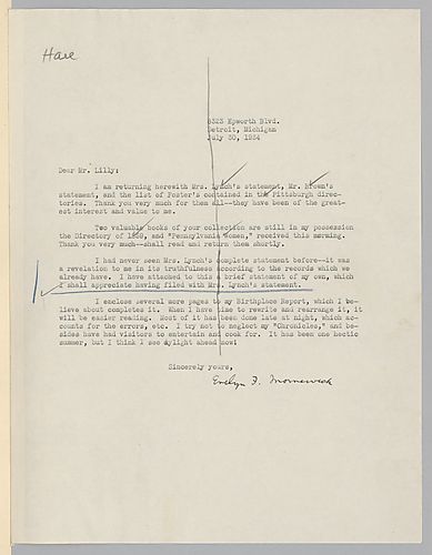 From Evelyn Foster Morneweck to Josiah K. Lilly