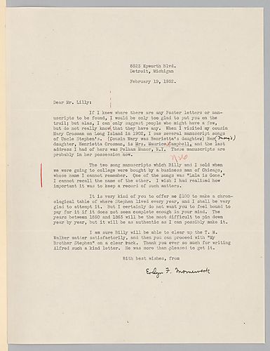 From Evelyn Foster Morneweck to Josiah K. Lilly