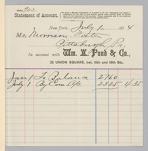 July 1884 statement of royalties from William A. Pond & Co.