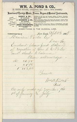 Cover letter for January 1888 royalty statement from William A. Pond & Co.